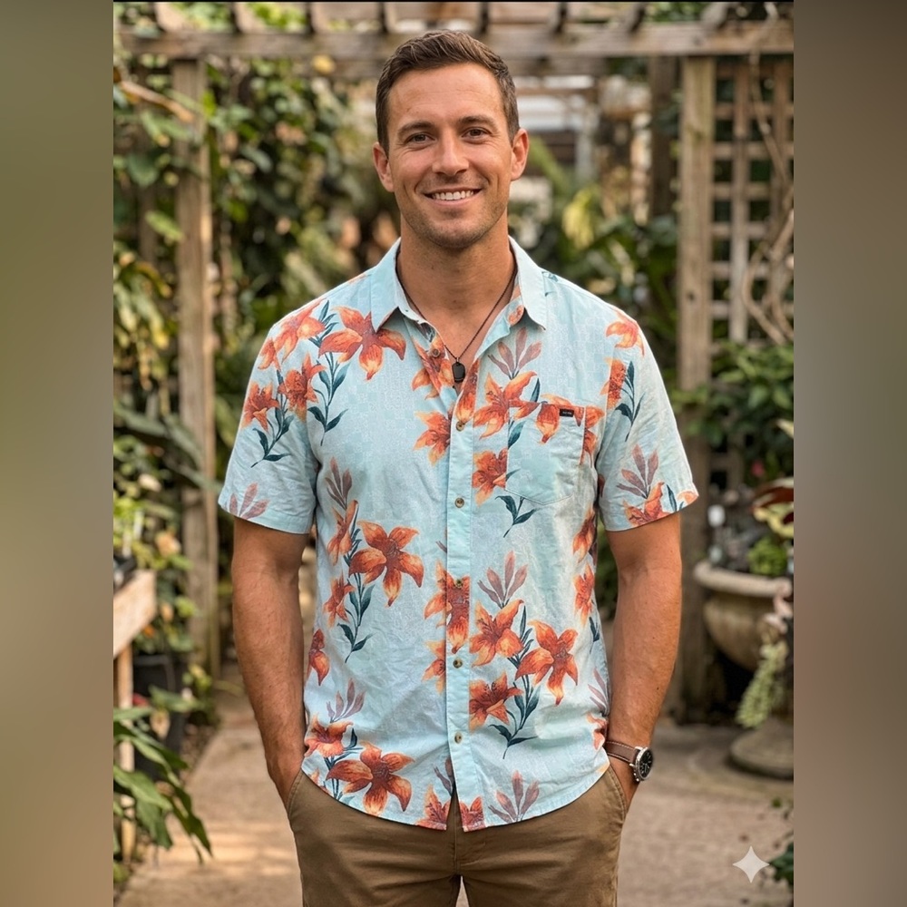 Billabong Light Blue Short-Sleeve Button-Up with Orange Floral Print